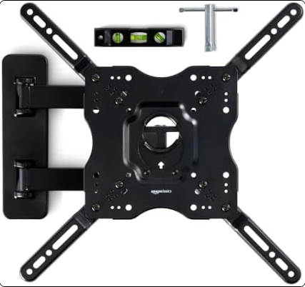 Amazon Basics full motion articulating TV wall mount extended, showing swivel and tilt features.