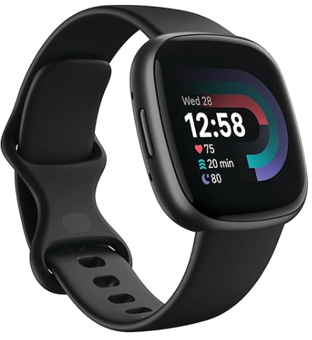 Front view of the Fitbit Versa 4 Fitness Smartwatch in black/graphite, displaying its digital watch face.