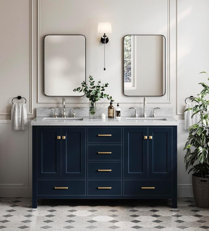 ARIEL Cambridge 61 inch midnight blue double sink bathroom vanity, front view, highlighting solid wood design.