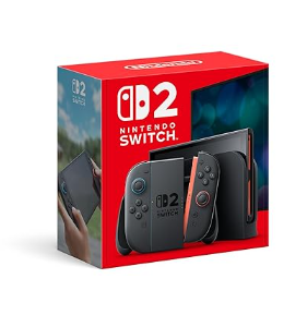 Nintendo Switch 2 System console with Joy-Con controllers attached, powered on, showing a vibrant game screen.