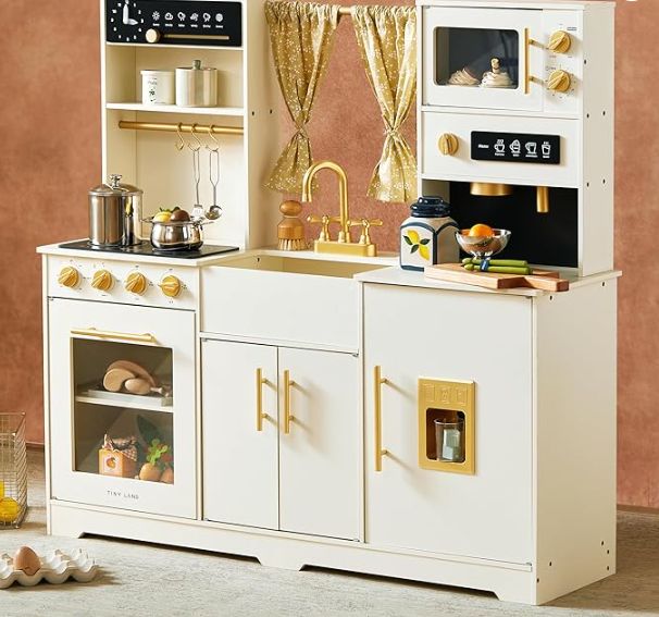 Tiny Land modern wooden play kitchen, front view, showing trendy design with curtains.