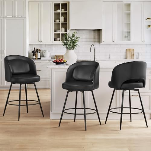 LUE BONA 26''H Swivel Bar Stools, set of 3, black faux leather with metal frames, shown from the front.