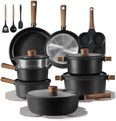 CAROTE 24Pcs Nonstick Kitchen Cookware Set, black pots and pans, displayed ready for use.