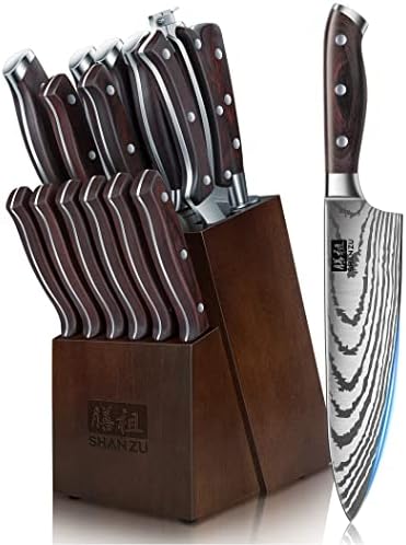 SHAN ZU 16 pcs Japanese kitchen knife set with block and sharpener, viewed from the front.