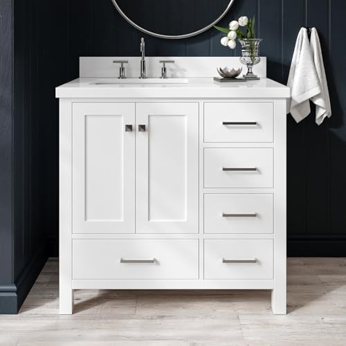 ARIEL Cambridge 37-inch white bathroom vanity with quartz countertop and left undermount sink.