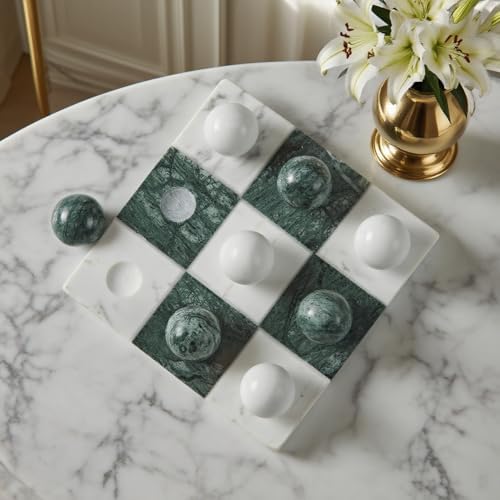 Elegant 9-inch Green and White Marble Tic Tac Toe board with all rounded stone pieces, viewed from above.