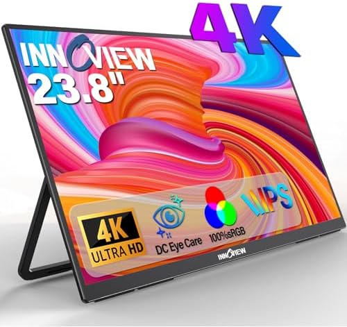 Front view of the Innoview 23.8” 4K Portable Monitor with its 180° adjustable stand, ready for use.