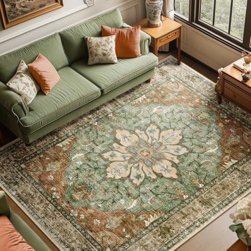 8'x10' washable area rug with floral vintage medallion pattern in brick red, rust, and green for living rooms.