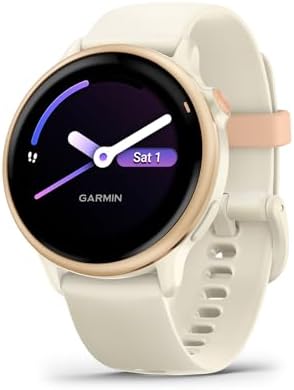 Garmin vívoactive 6 GPS smartwatch, Metallic Pink Dawn, Bone Band, full front view.