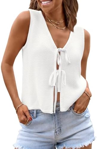 Woman wearing a LILLUSORY crochet tie-front tank top with Y2K style on vacation.