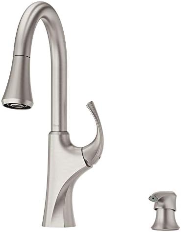 Pfister Miri high arc kitchen faucet with single handle and Spot Defense Stainless Steel finish.